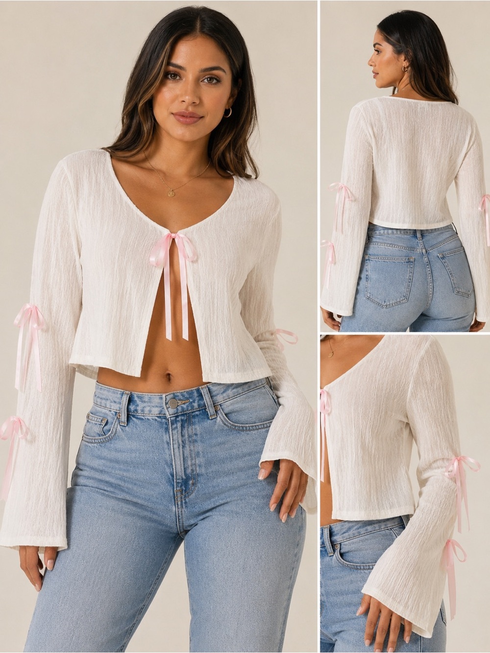 ROMWE White Crop Top with Pink Ribbon Ties
